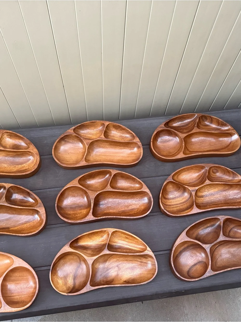 Lot of 10 Vintage Monkey Pod Wood Divided Serving Trays